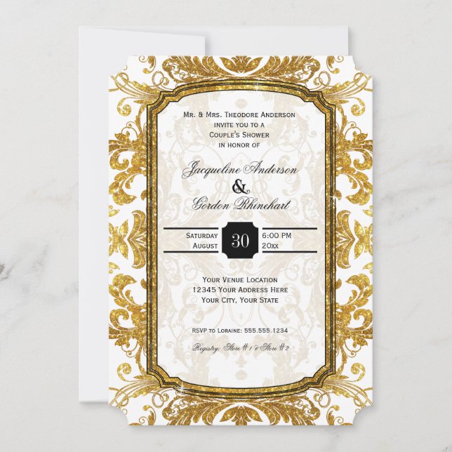Faux Gold Glitter Ticket Vintage Couples Shower Invitation (Front)