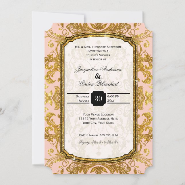 Faux Gold Glitter Ticket Vintage Couples Shower Invitation (Front)