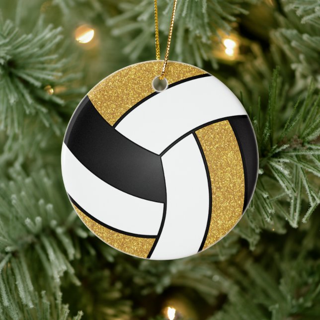 Faux Gold Glitter, White and Black Volleyball Ceramic Tree Decoration (Tree)