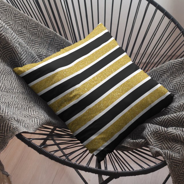 Faux Gold Glitter White & Black Stripes Cushion (Creator Uploaded)