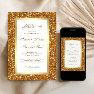 Faux Gold Glitter White Islamic Muslim Wedding Invitation