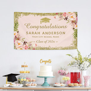 Faux Gold Glitters Blush Pink Floral Graduation Banner