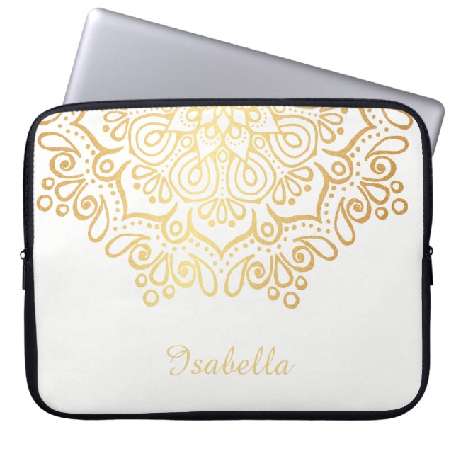Faux gold Gold Intricate Lace Mandala white Laptop Sleeve (Front)