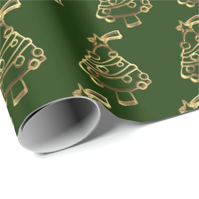 Faux Gold Green Christmas Tree Pattern Elegant Wrapping Paper (Roll Corner)