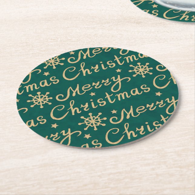 Faux Gold & Green Merry Christmas Lettering Round Paper Coaster (Angled)