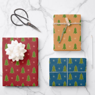 Faux Gold Green Red Blue Christmas Trees Pattern Wrapping Paper Sheet