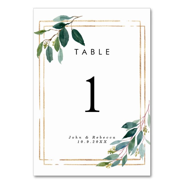 faux gold greenery wedding table number card (Front)