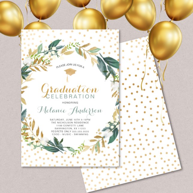 Faux Gold Greenery Wreath + confetti Graduation Invitation (Creator Uploaded)