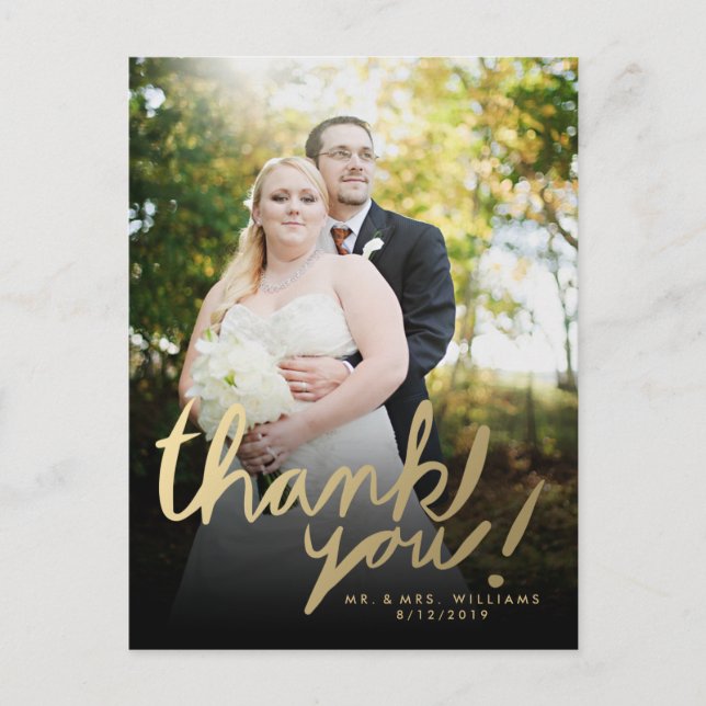 Faux Gold Hand Script Photo Thank You Postcard (Front)