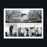 Faux Gold Handwrite Save Our Date White Postcard<br><div class="desc">Customise this modern horizontal Save our Date wedding postcard designed with lovely stylish faux gold handwrite text on white. Replace the four template image collage with your favourite 4 photos. One of the images is wide horizontal panoramic photo and the other three are smaller. For best results use high resolution...</div>