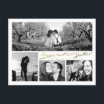 Faux Gold Handwrite Save Our Date White Postcard<br><div class="desc">Customise this modern horizontal Save our Date wedding postcard designed with lovely stylish faux gold handwrite text on white. Replace the four template image collage with your favourite 4 photos. One of the images is wide horizontal panoramic photo and the other three are smaller. For best results use high resolution...</div>