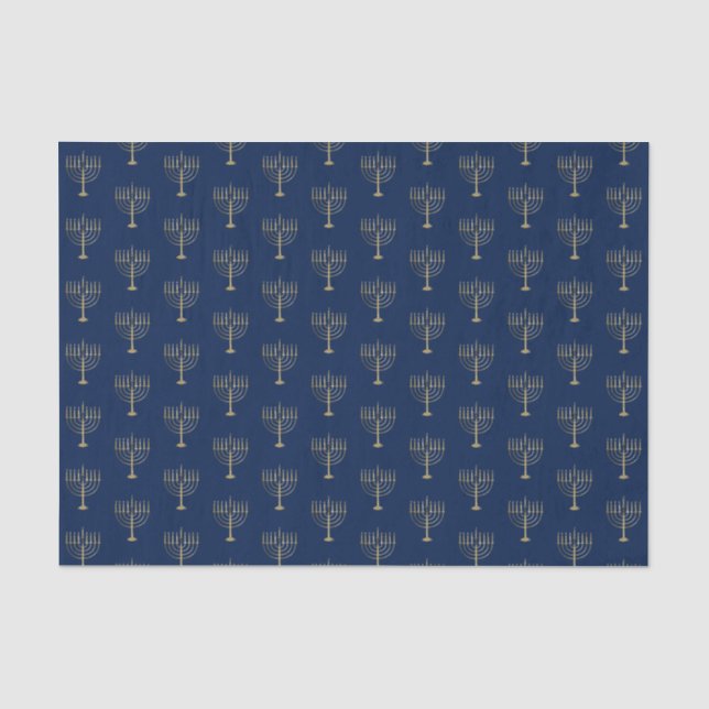 Faux Gold Hanukkah Menorah Pattern Blue Holiday Tissue Paper (Front)