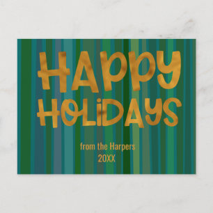 Faux Gold Happy Holidays Typography Green Stripes Postcard