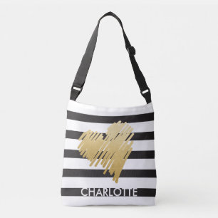 Faux Gold Heart Black Striped Personalised Crossbody Bag