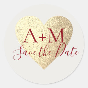 faux gold heart + bride groom monogram save date classic round sticker