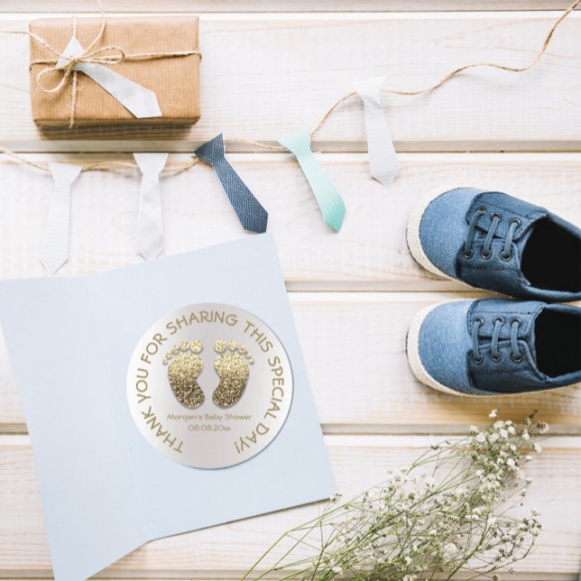 Faux Gold Heart Feet Baby Shower Favour Thank You Classic Round Sticker (Creator Uploaded)