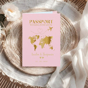 Faux Gold Heart Passport Destination Wedding Invitation