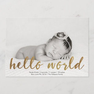 Faux Gold Hello World Photo Birth Announcement