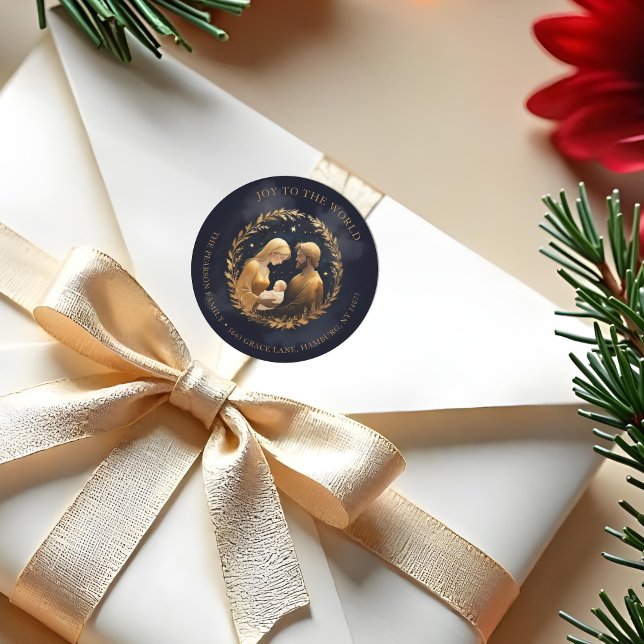 Faux Gold Holy Family Nativity Exquisite Christmas Classic Round Sticker (Faux Gold Holy Family Nativity Exquisite Contemporary Christmas Cards with Return Address Stickers.)