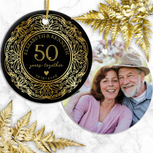 Faux Gold Lace Frame 50th Wedding Anniversary Ceramic Tree Decoration