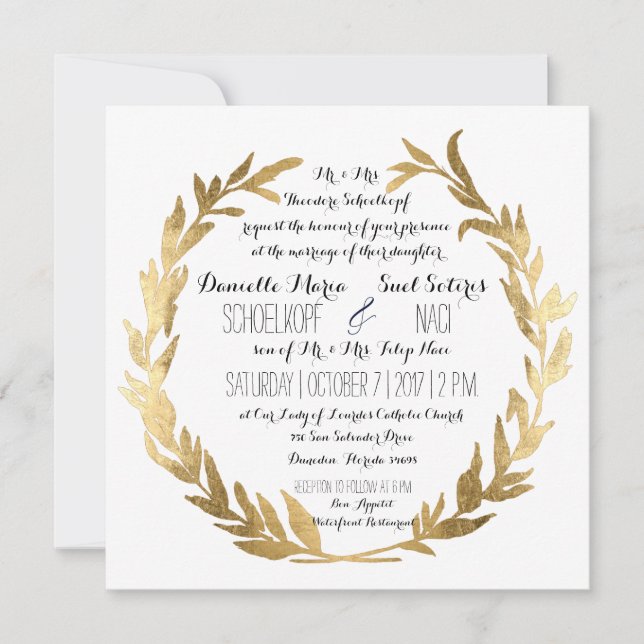 Faux Gold Laurel Wreath Olive Leaf Branch Square Invitation (Front)