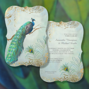 Faux Gold Leaf Peacock Feathers Elegant Wedding Invitation