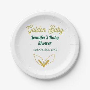 Faux gold leafy green forest enchantedbaby shower paper plate