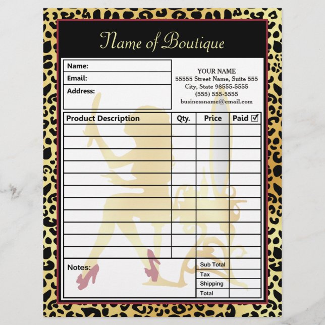 FAUX Gold Leopard Print Hair Boutique Order Form Personalized Letterhead (Front)