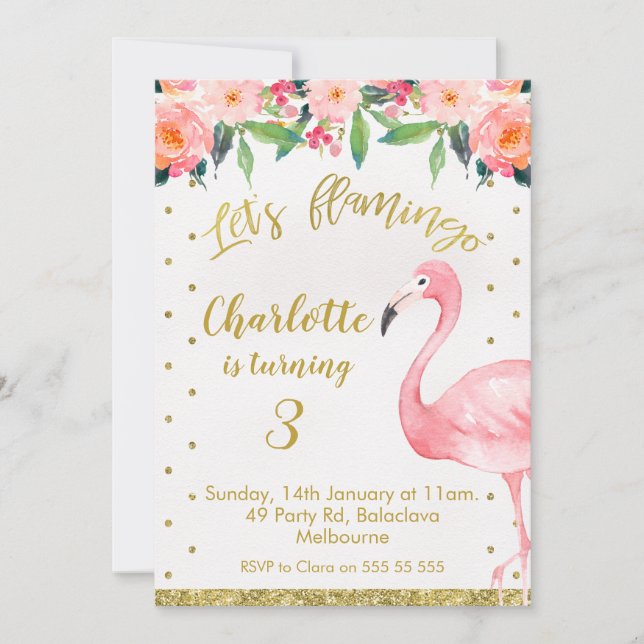 Faux Gold  Let's Flamingle Birthday Invitation (Front)