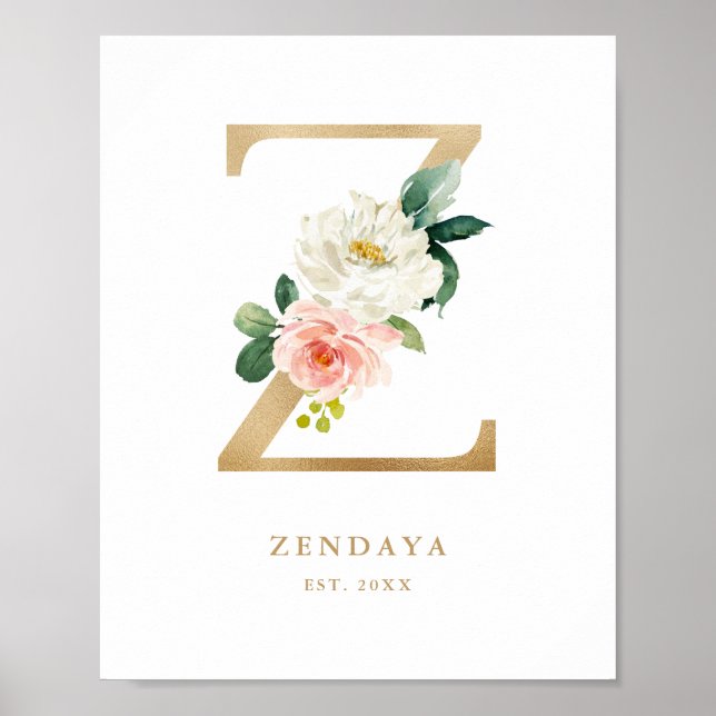 Faux Gold Letter Z Monogram Blush Florals Nursery Poster (Front)