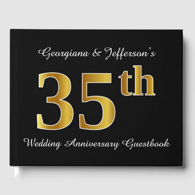 Faux Gold Look 35th Wedding Anniversary + Names Guest Book (Front)