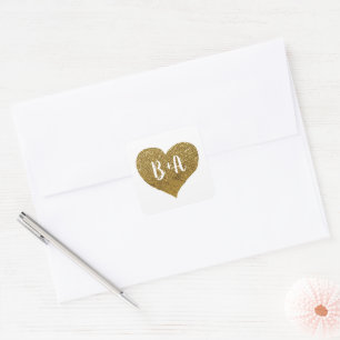 Faux Gold Love Heart with bride & groom initials Square Sticker