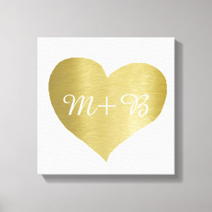 faux gold love heart with couple initials canvas print