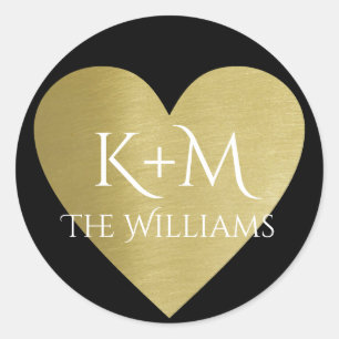 faux gold love heart with couple initials & name classic round sticker