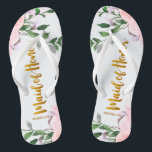 Faux Gold Maid of Honour with Floral and Name Jandals<br><div class="desc">Lovely pink and purple watercolor floral and greenery wedding design,  with faux gold maid of honour typography script and name.</div>