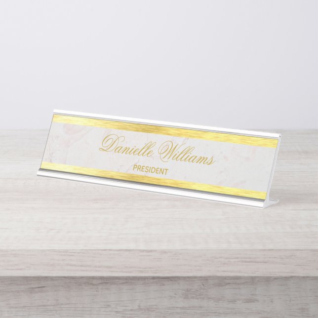 Faux Gold Marble Elegant Calligraphy Golden White Desk Name Plate (Front)