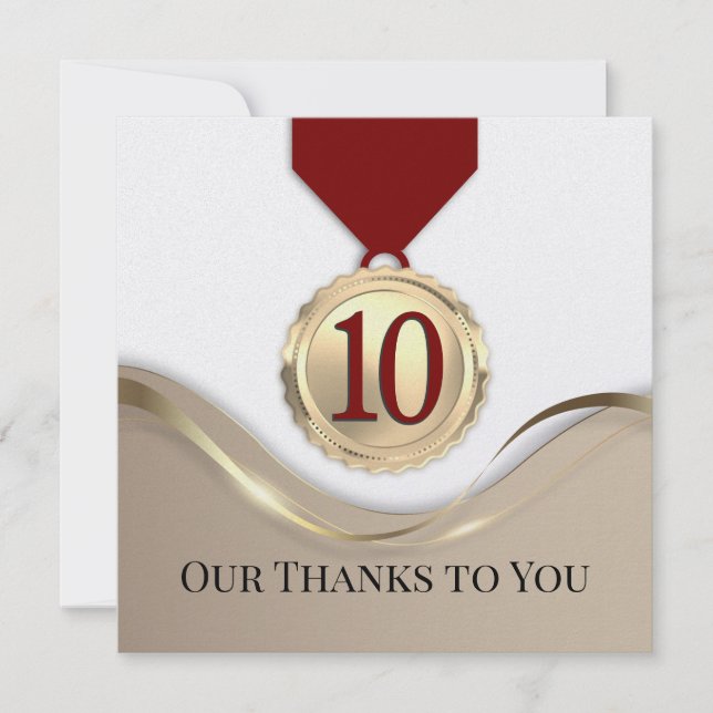 Faux gold medal employee anniversary 10 years card (Front)