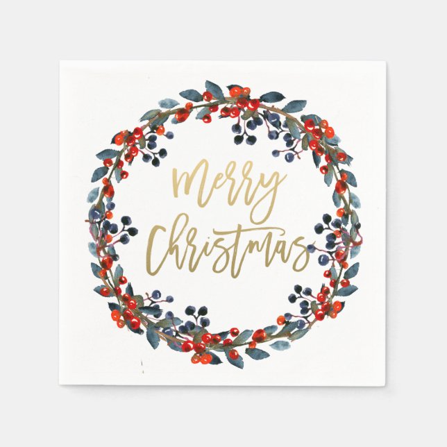 Faux Gold Merry Christmas Berries Holiday Party Napkin (Front)