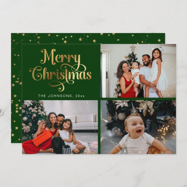 Faux Gold Merry Christmas Family Photo Collage Holiday Card (Front/Back)