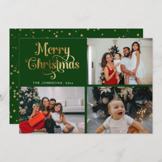 Faux Gold Merry Christmas Family Photo Collage Holiday Card
