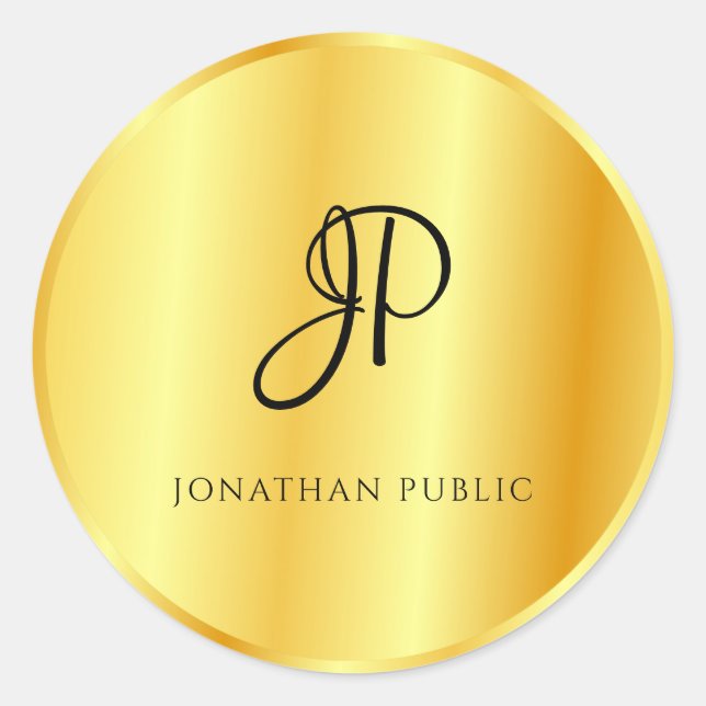Faux Gold Metallic Look Monogrammed Template Classic Round Sticker (Front)