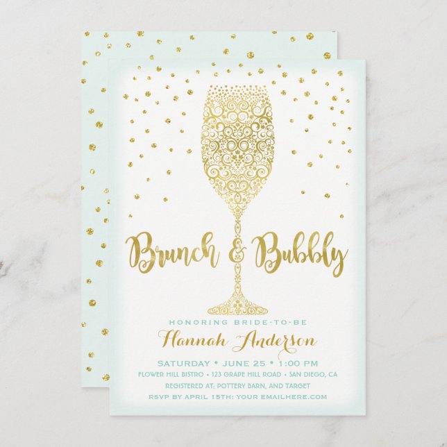 Faux Gold & Mint Brunch & Bubbly Bridal Shower Invitation (Front/Back)