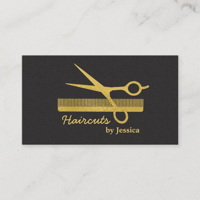 Faux Gold Modern Chic Scissors Comb Hair Stylist Business Card (Front)