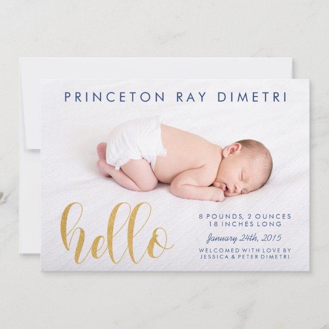 Faux Gold Modern Hello Birth Announcement (Front)
