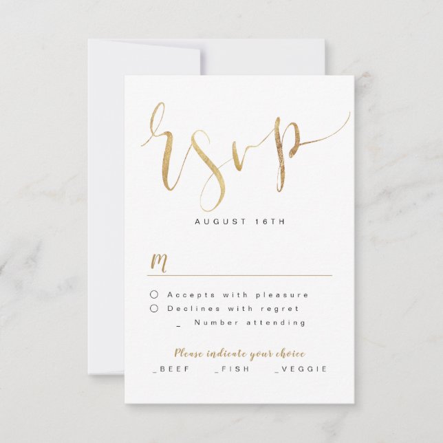 Faux Gold Modern Simple Script wedding RSVP Card (Front)