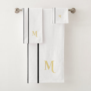 Faux Gold Monogrammed Black Racing Stripes White Bath Towel Set