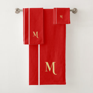 Faux Gold Monogrammed Red White Racing Stripes  Bath Towel Set