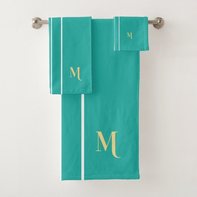 Faux Gold Monogrammed Teal White Racing Stripes Bath Towel Set (Insitu)
