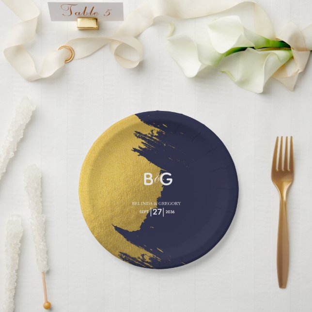 Faux Gold Navy Blue Monogram Wedding  Paper Plate (Wedding)