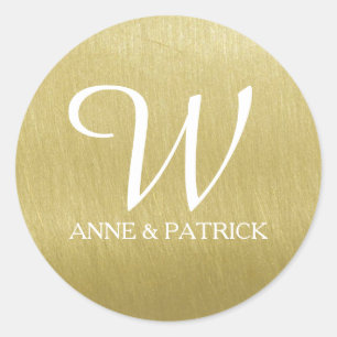 faux gold (ochre) monogram & names, wedding  classic round sticker